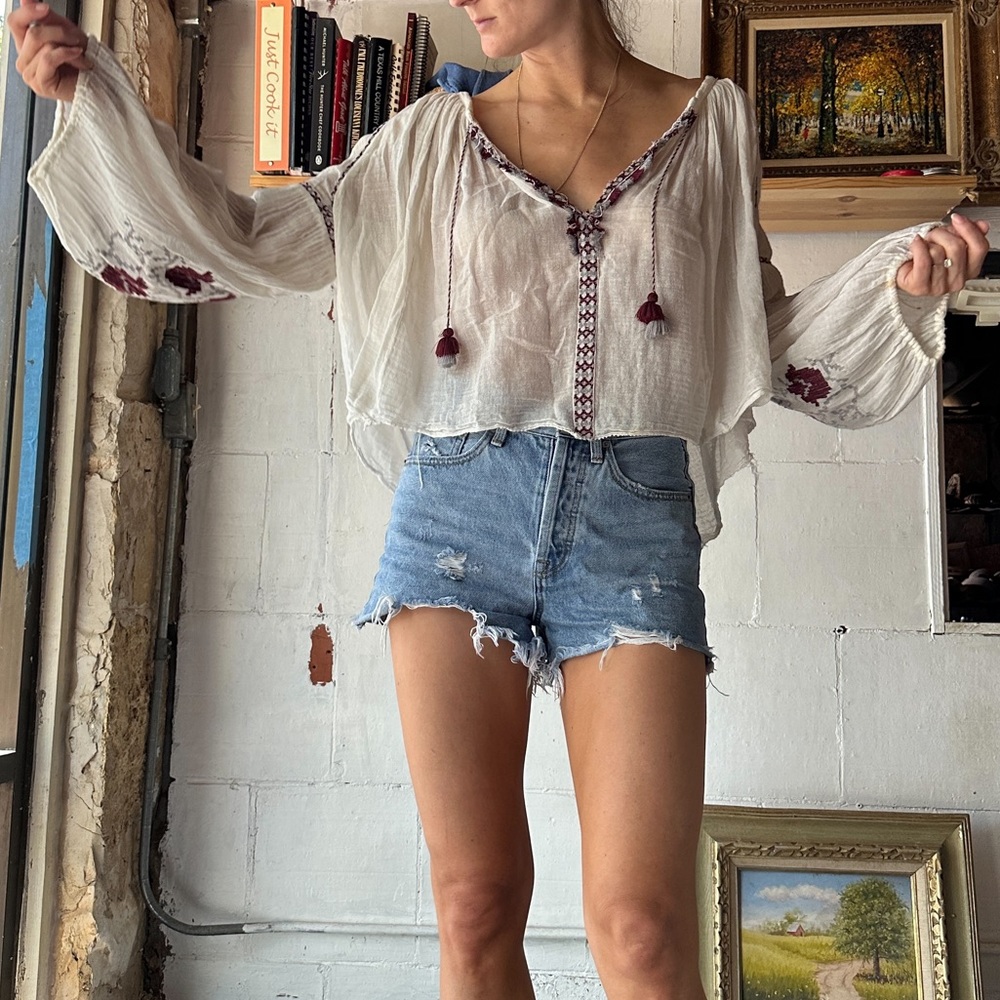Free People white embroidered flowy top